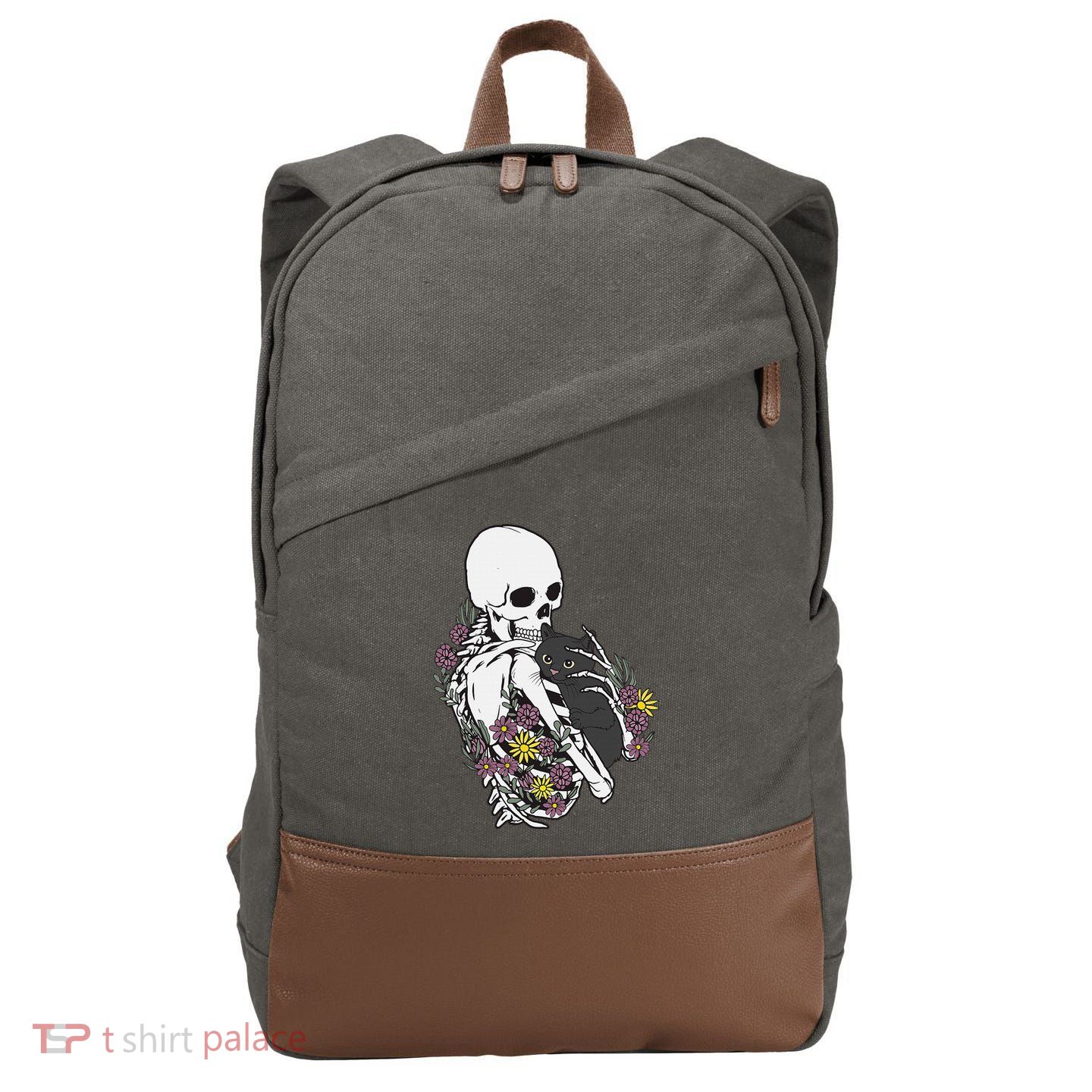 Skeleton Hugging Cat Flowers Skeleton Black Cat Cotton Canvas Backpack