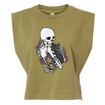 Skeleton Hugging Cat Flowers Skeleton Black Cat Garment-Dyed Women's Muscle Tee