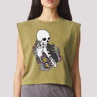 Skeleton Hugging Cat Flowers Skeleton Black Cat Garment-Dyed Women's Muscle Tee