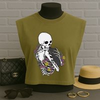 Skeleton Hugging Cat Flowers Skeleton Black Cat Garment-Dyed Women's Muscle Tee