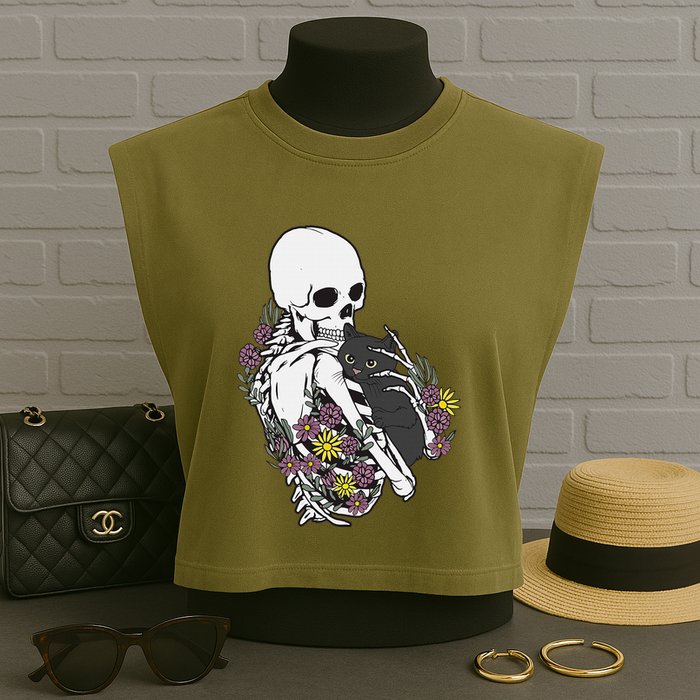 Skeleton Hugging Cat Flowers Skeleton Black Cat Garment-Dyed Women's Muscle Tee