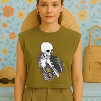 Skeleton Hugging Cat Flowers Skeleton Black Cat Garment-Dyed Women's Muscle Tee