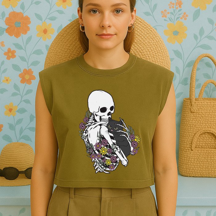 Skeleton Hugging Cat Flowers Skeleton Black Cat Garment-Dyed Women's Muscle Tee