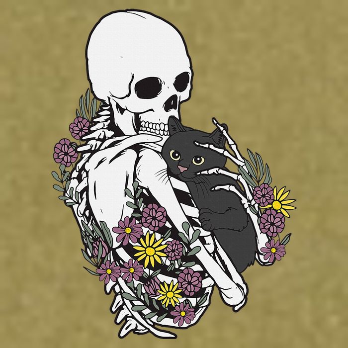 Skeleton Hugging Cat Flowers Skeleton Black Cat Garment-Dyed Women's Muscle Tee