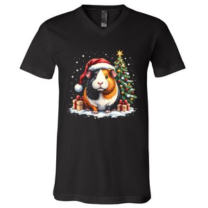 Snow Holiday Christmas Cute Guinea Pig With Santa Hat V-Neck T-Shirt