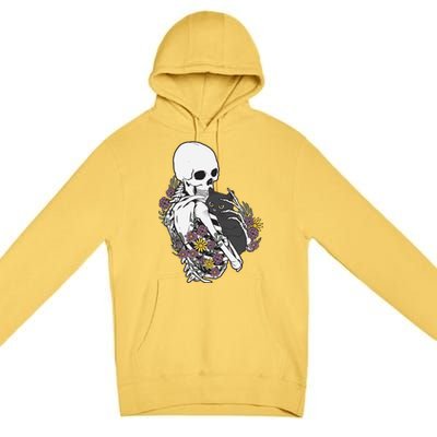 Skeleton Hugging Cat Flowers Skeleton Black Cat Gift Premium Pullover Hoodie