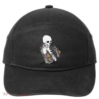 Skeleton Hugging Cat Flowers Skeleton Black Cat Gift 7-Panel Snapback Hat
