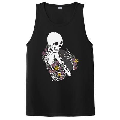 Skeleton Hugging Cat Flowers Skeleton Black Cat Gift PosiCharge Competitor Tank