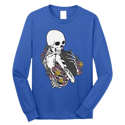 Skeleton Hugging Cat Flowers Skeleton Black Cat Gift Long Sleeve Shirt