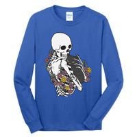 Skeleton Hugging Cat Flowers Skeleton Black Cat Gift Tall Long Sleeve T-Shirt