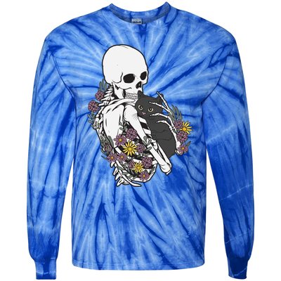 Skeleton Hugging Cat Flowers Skeleton Black Cat Gift Tie-Dye Long Sleeve Shirt