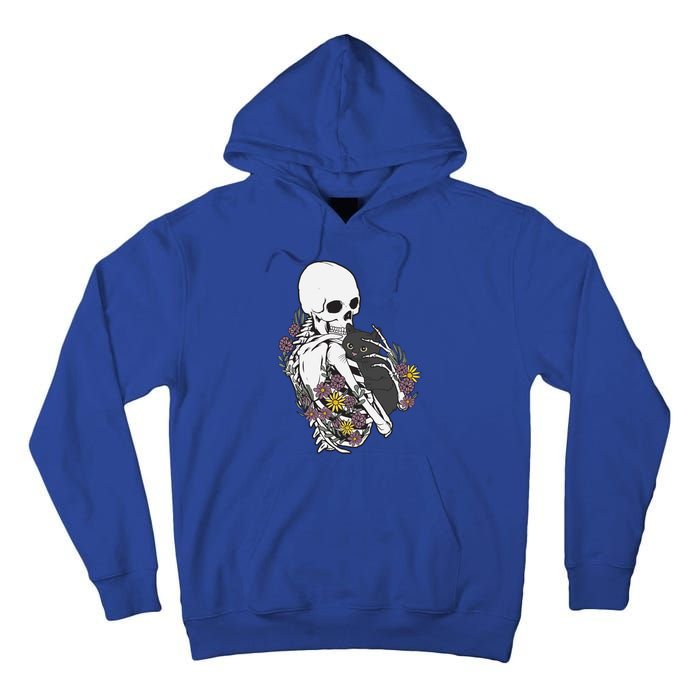 Skeleton Hugging Cat Flowers Skeleton Black Cat Gift Tall Hoodie