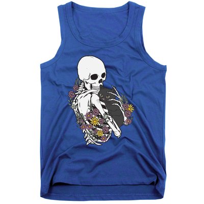 Skeleton Hugging Cat Flowers Skeleton Black Cat Gift Tank Top