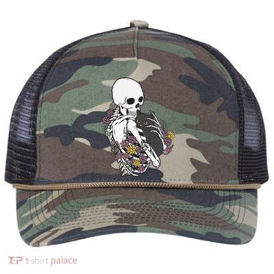 Skeleton Hugging Cat Flowers Skeleton Black Cat Gift Retro Rope Trucker Hat Cap