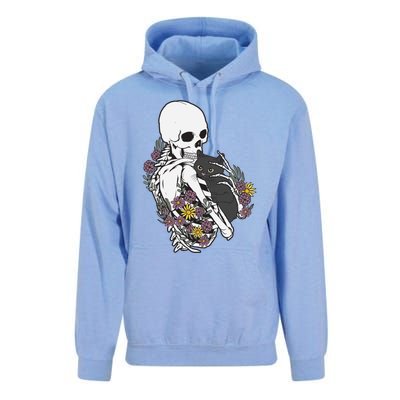 Skeleton Hugging Cat Flowers Skeleton Black Cat Gift Unisex Surf Hoodie