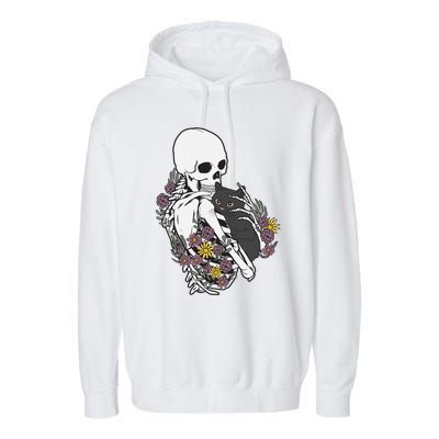 Skeleton Hugging Cat Flowers Skeleton Black Cat Gift Garment-Dyed Fleece Hoodie