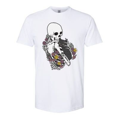 Skeleton Hugging Cat Flowers Skeleton Black Cat Gift Softstyle CVC T-Shirt