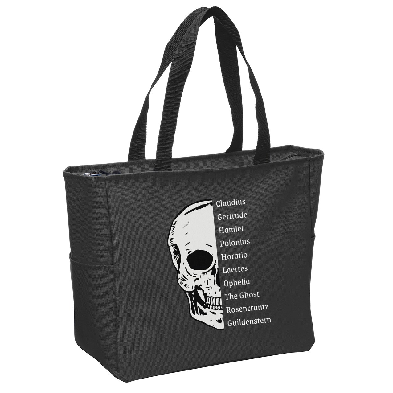 ShakespeareS Hamlet Cast & Skull Zip Tote Bag