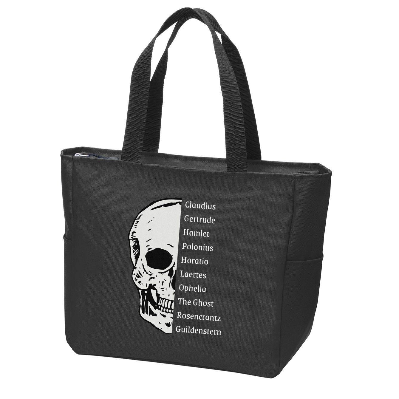 ShakespeareS Hamlet Cast & Skull Zip Tote Bag