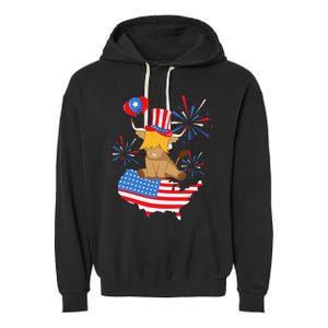 Scottish Highland Cow Independence Day American Flag Cow Garment-Dyed Fleece Hoodie