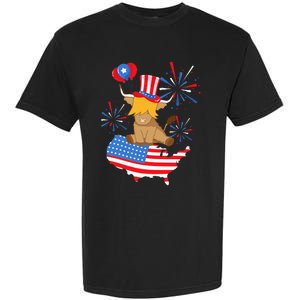 Scottish Highland Cow Independence Day American Flag Cow Garment-Dyed Heavyweight T-Shirt