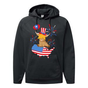 Scottish Highland Cow Independence Day American Flag Cow Performance Fleece Hoodie