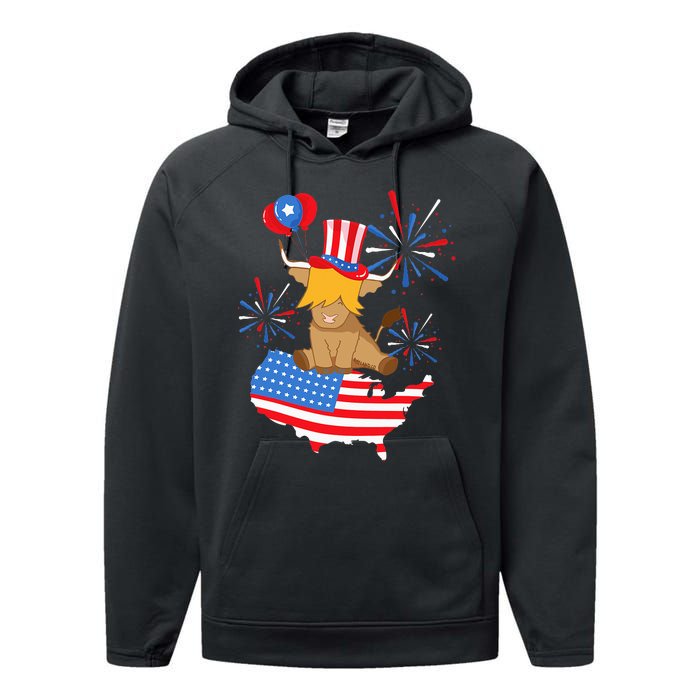 Scottish Highland Cow Independence Day American Flag Cow Performance Fleece Hoodie