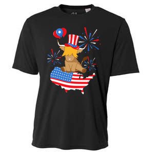 Scottish Highland Cow Independence Day American Flag Cow Cooling Performance Crew T-Shirt