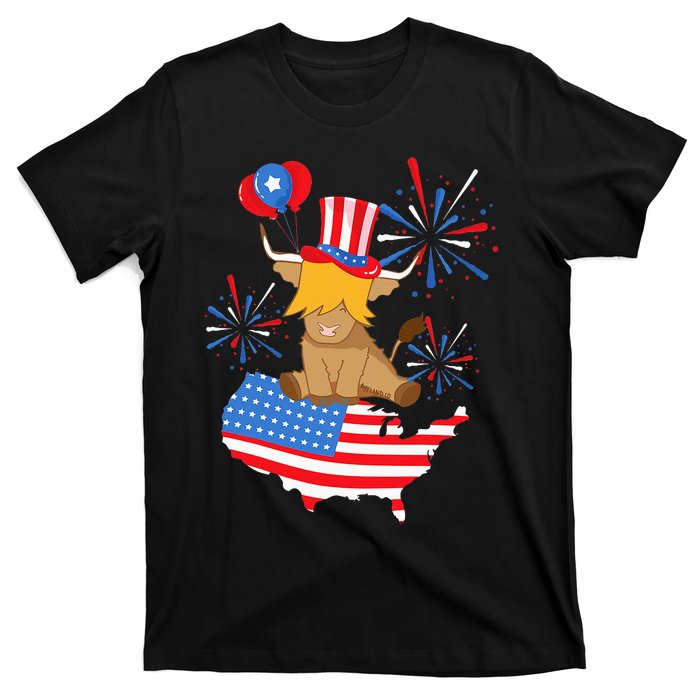 Scottish Highland Cow Independence Day American Flag Cow T-Shirt