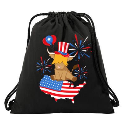 Scottish Highland Cow Independence Day American Flag Cow Drawstring Bag