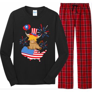 Scottish Highland Cow Independence Day American Flag Cow Long Sleeve Pajama Set