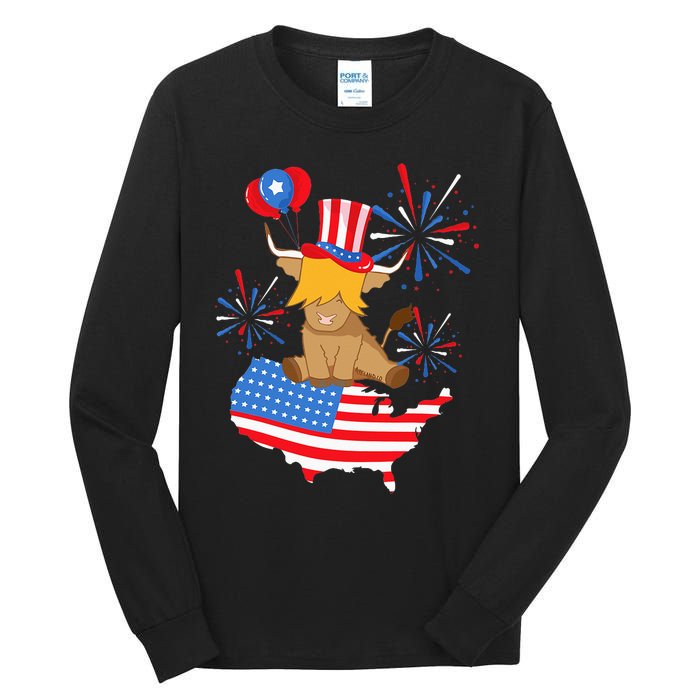 Scottish Highland Cow Independence Day American Flag Cow Tall Long Sleeve T-Shirt