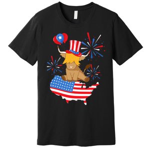 Scottish Highland Cow Independence Day American Flag Cow Premium T-Shirt