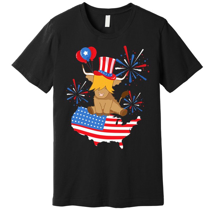 Scottish Highland Cow Independence Day American Flag Cow Premium T-Shirt