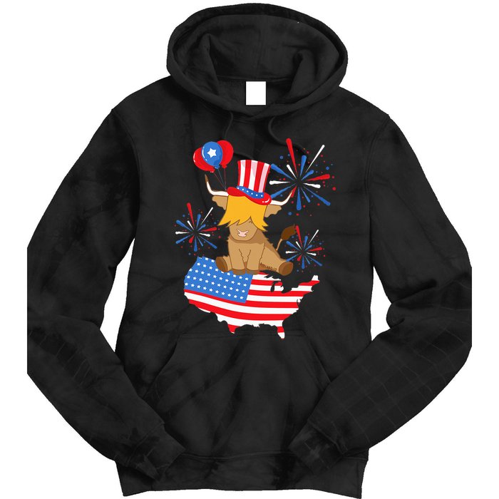 Scottish Highland Cow Independence Day American Flag Cow Tie Dye Hoodie