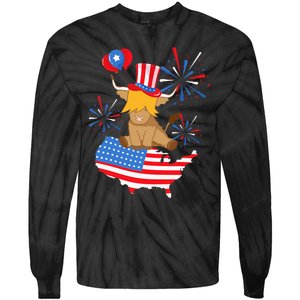 Scottish Highland Cow Independence Day American Flag Cow Tie-Dye Long Sleeve Shirt