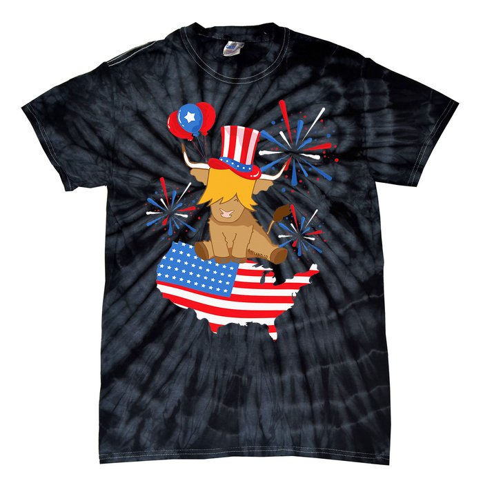 Scottish Highland Cow Independence Day American Flag Cow Tie-Dye T-Shirt