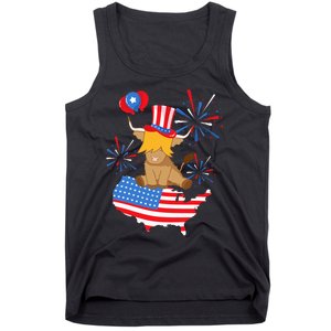 Scottish Highland Cow Independence Day American Flag Cow Tank Top