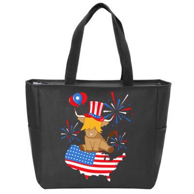 Scottish Highland Cow Independence Day American Flag Cow Zip Tote Bag