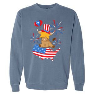 Scottish Highland Cow Independence Day American Flag Cow Garment-Dyed Sweatshirt