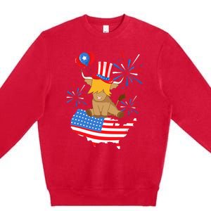 Scottish Highland Cow Independence Day American Flag Cow Premium Crewneck Sweatshirt