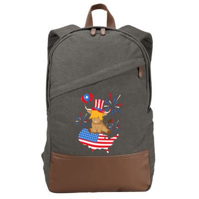 Scottish Highland Cow Independence Day American Flag Cow Cotton Canvas Backpack