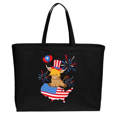 Scottish Highland Cow Independence Day American Flag Cow Cotton Canvas Jumbo Tote