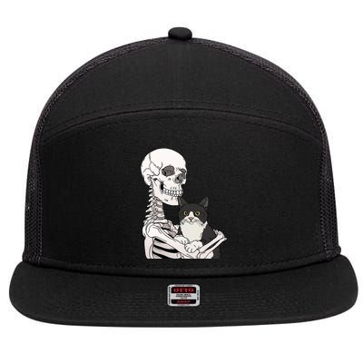 Skeleton Holding Cat 7 Panel Mesh Trucker Snapback Hat