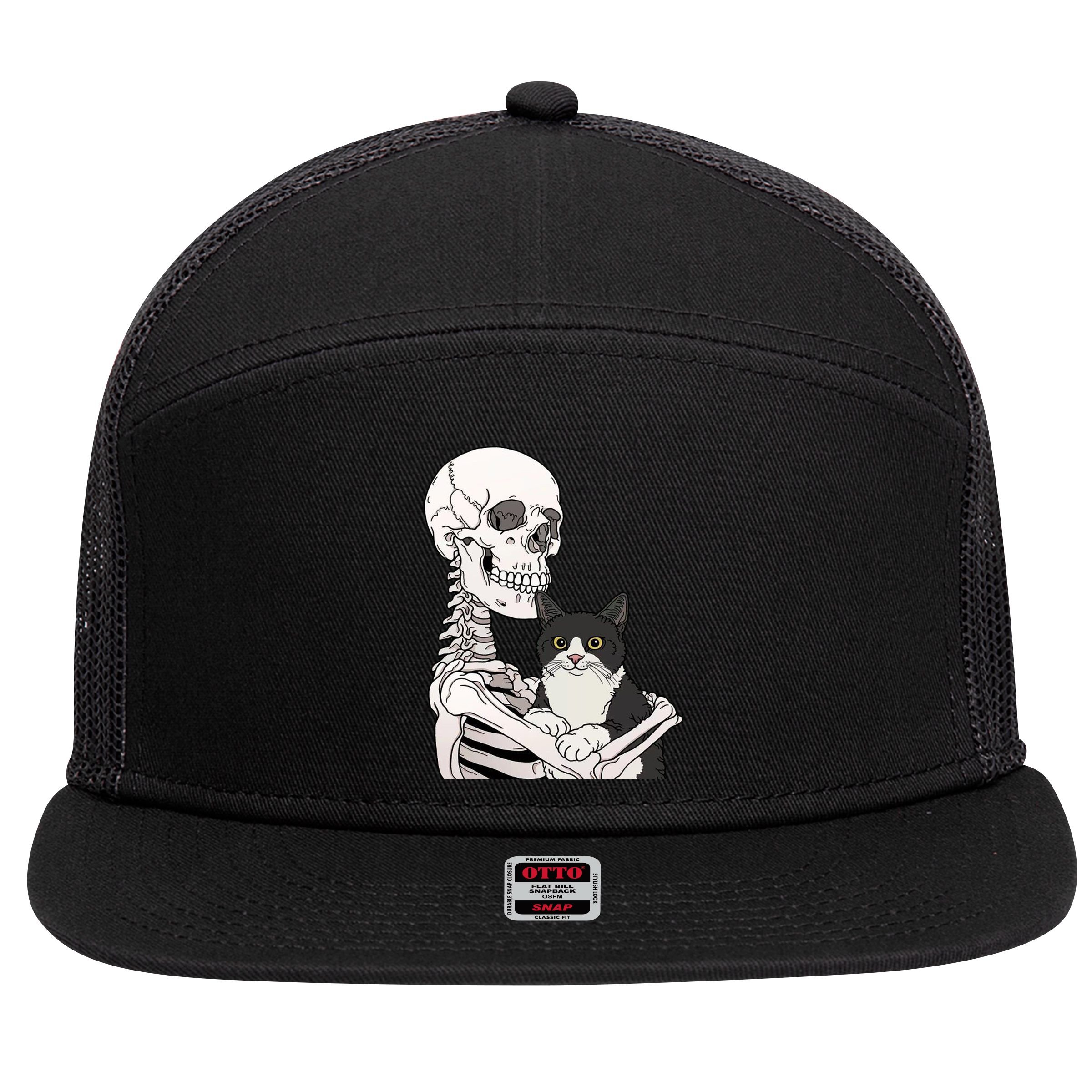 Skeleton Holding Cat 7 Panel Mesh Trucker Snapback Hat