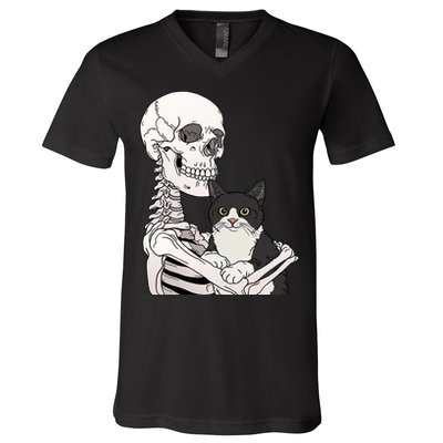 Skeleton Holding Cat V-Neck T-Shirt