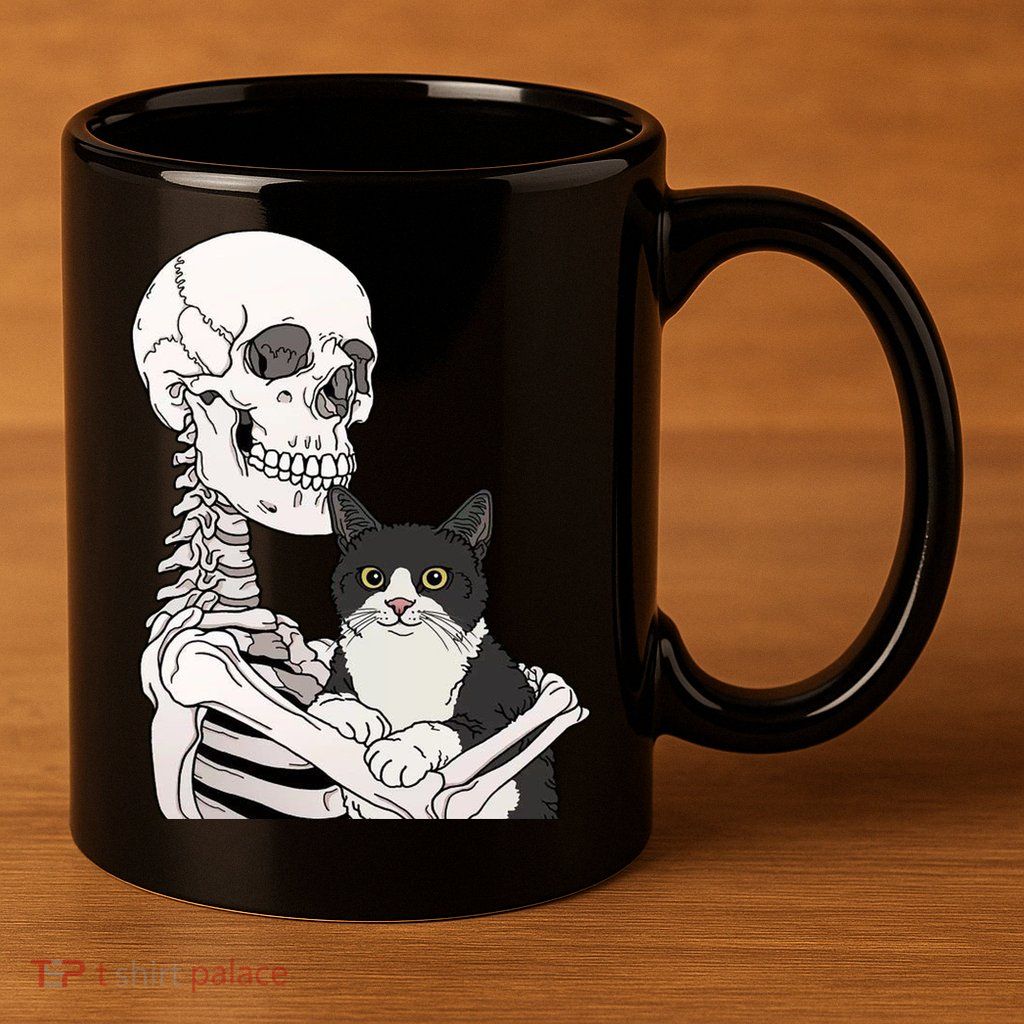 Skeleton Holding Cat 11oz C Handle Ceramic Mug