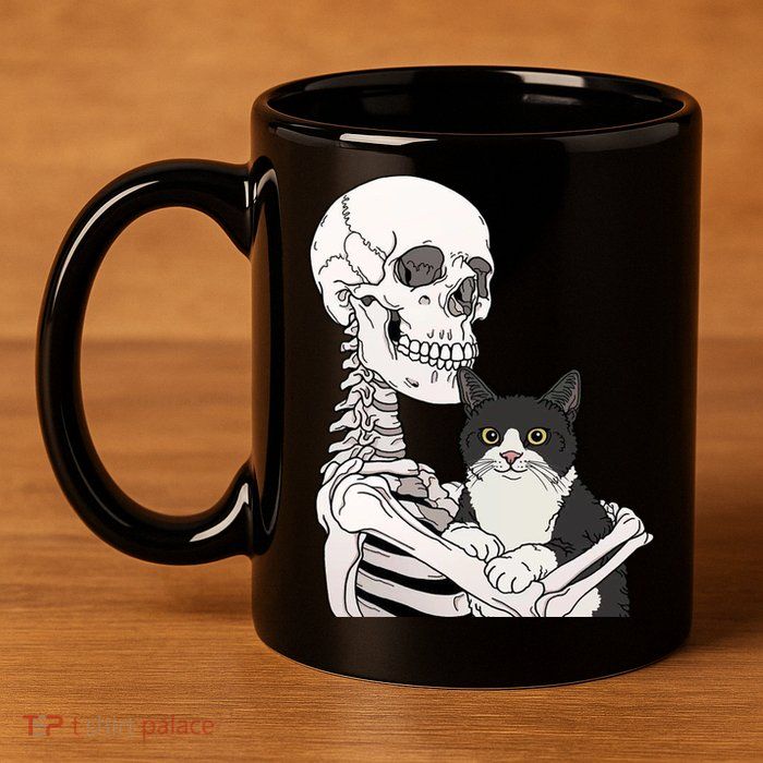 Skeleton Holding Cat 11oz C Handle Ceramic Mug