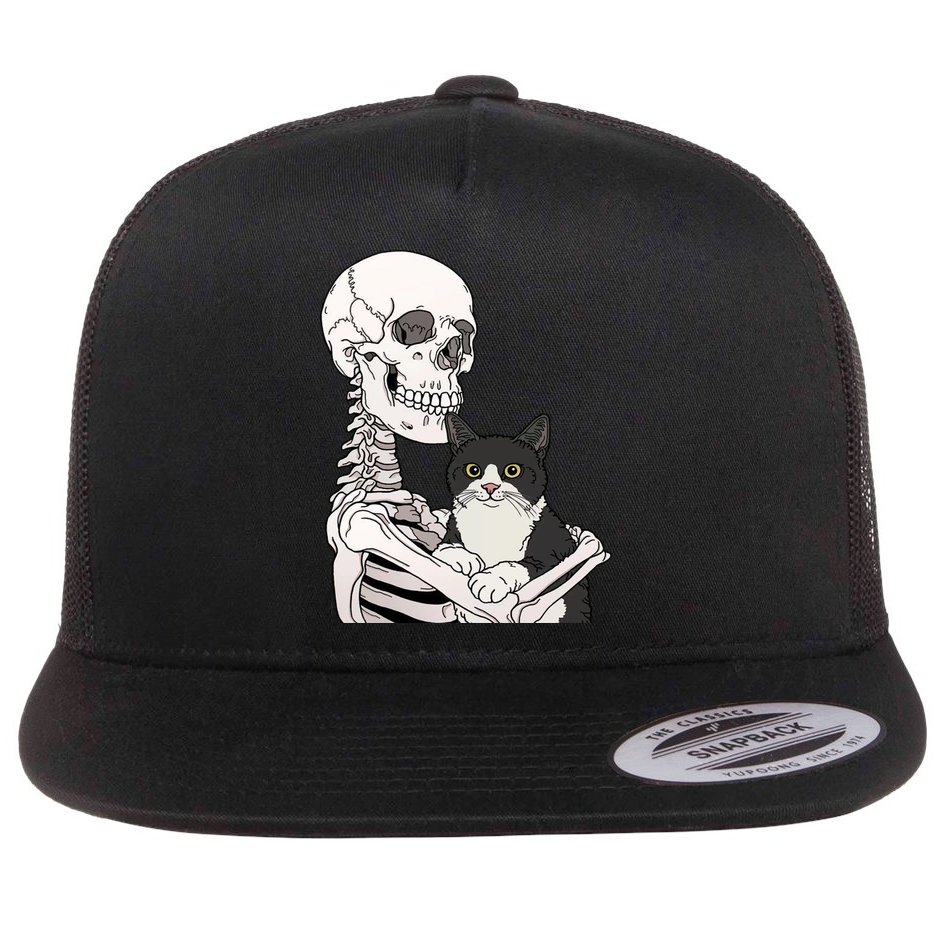 Skeleton Holding Cat Flat Bill Trucker Hat