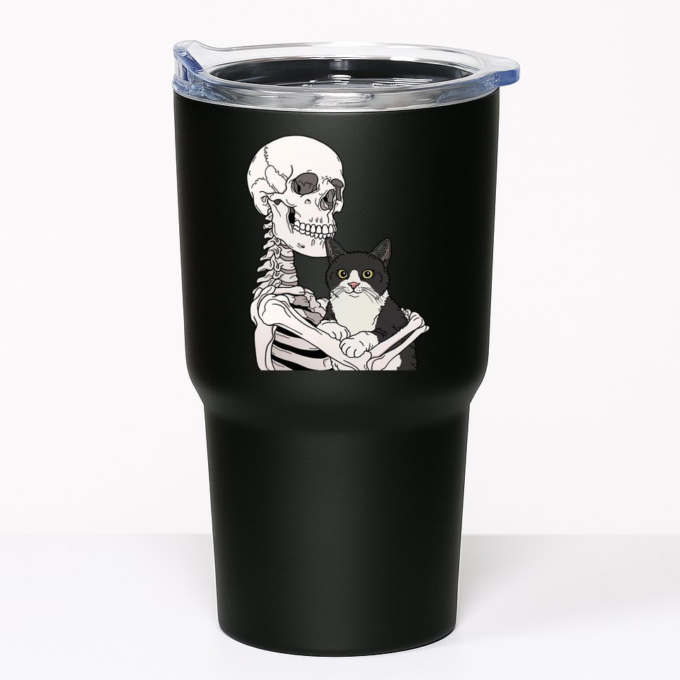 Skeleton Holding Cat Tumbler